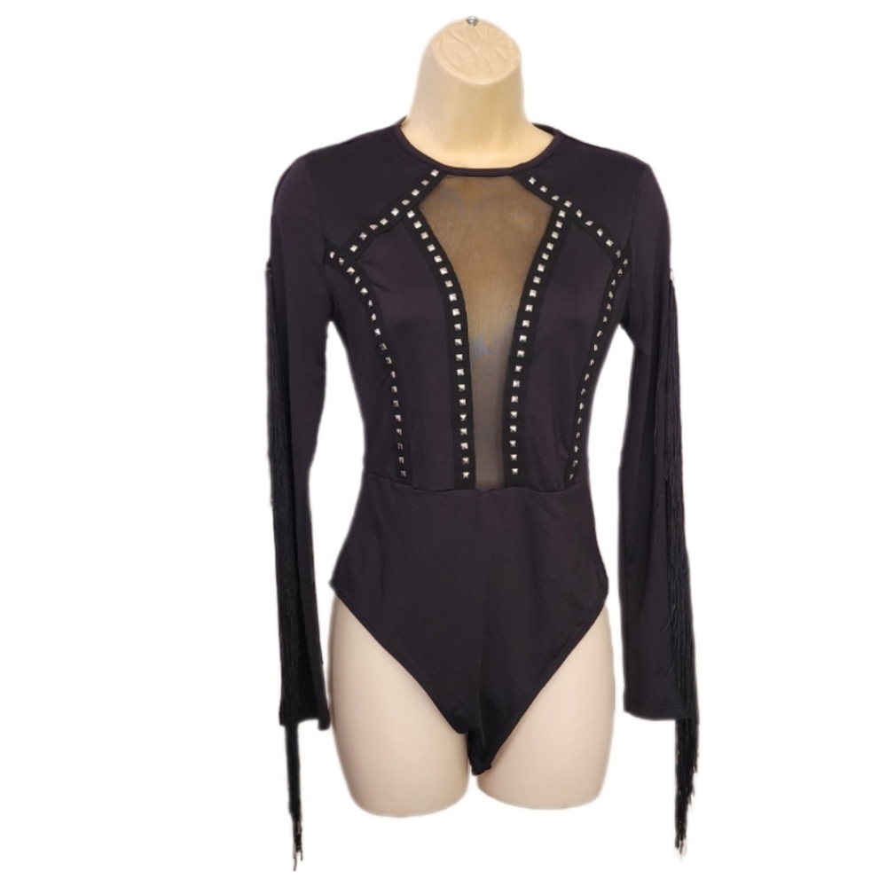 Unbranded Studded Mesh Front Cut Out Fringed Long Sleeve Bodysuit Black Size S